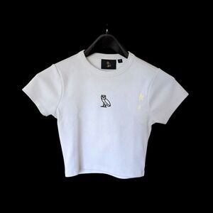 OVO Octobers Very Own White Ribbed Baby Tee Crop Top Owl Distressed Med